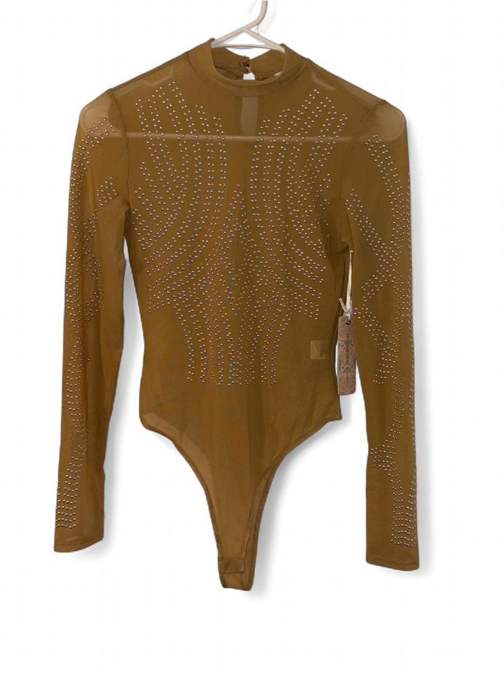 iris Camel Long-Sleeve Rhinestone Bodysuit